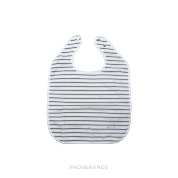 🔴 Gucci Logo Baby Infant Bib - White Grey Striped Cotton - Picture 1 of 5